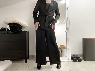 Satin Silk Jumpsuit And Blazer Jacket On Sissy Tranny Slut free video