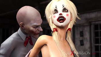 Man Wearing A Clown Mask Plays With A Cute Sexy Blonde In The Abandoned Room free video